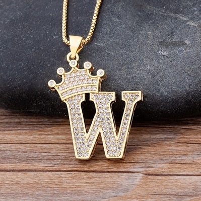 Crown Alphabet Pendant Chain Necklace